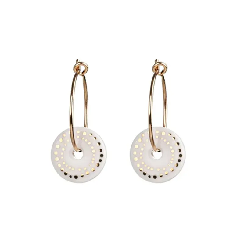 1 & 8 Porcelain White Dots Gold Earrings