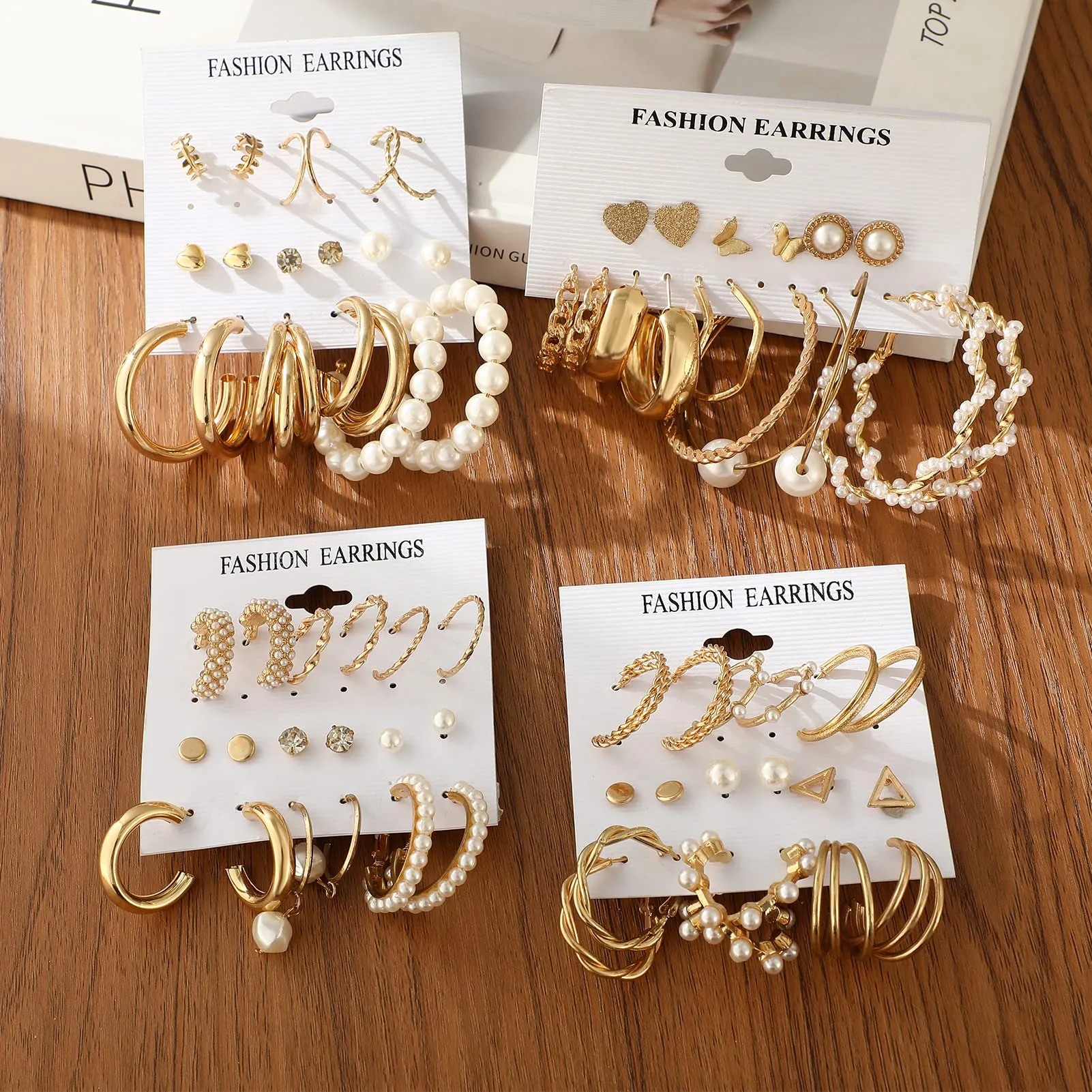 36 Pairs Gold Earrings Set for Women Girls, Fashion Pearl Chain Link Stud Drop Dangle Earrings Multipack Hoop Earring Packs, Hypoallergenic Earrings for Birthday Party Jewelry Gift