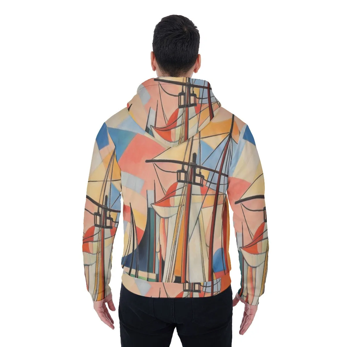 All-Over Print Men's Sherpa Fleece Zip Up Hoodie, abstract, sailboat, print, #25n