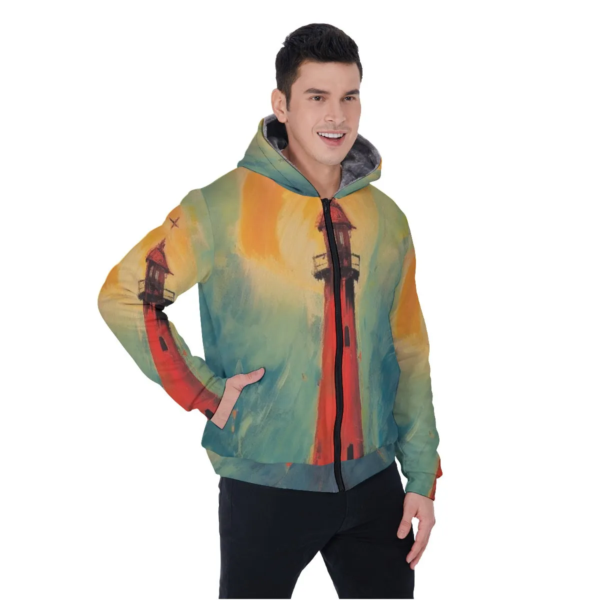 All-Over Print Men's Sherpa Fleece Zip Up Hoodie, lighthouse, theme, print, #25aa7