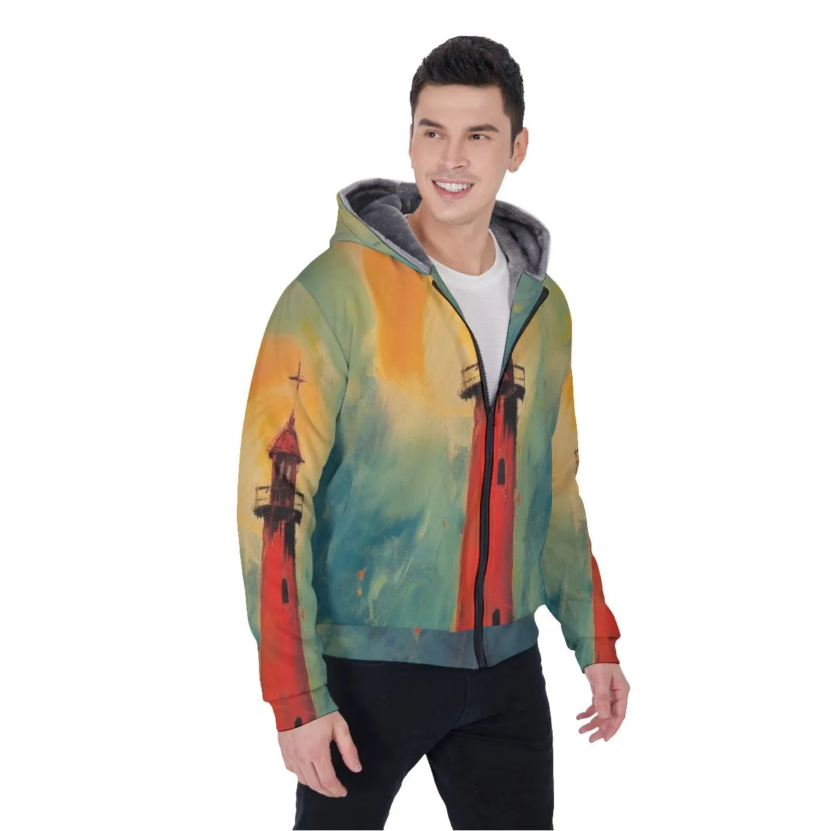 All-Over Print Men's Sherpa Fleece Zip Up Hoodie, lighthouse, theme, print, #25aa7