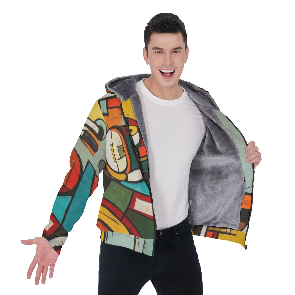 All-Over Print Men's Sherpa Fleece Zip Up Hoodie, multicolored, abstract, motorcycle print, #25F