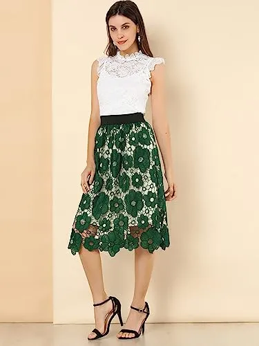 Allegra K Women's Saint Patrick's Day Elegant Elastic Waist Floral Lace Midi Skirts S2111227