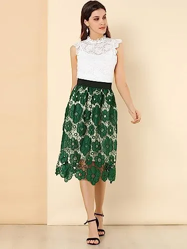 Allegra K Women's Saint Patrick's Day Elegant Elastic Waist Floral Lace Midi Skirts S2111227