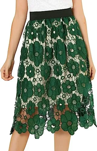 Allegra K Women's Saint Patrick's Day Elegant Elastic Waist Floral Lace Midi Skirts S2111227