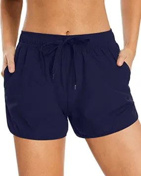 Athletic Elastic Waistband Adjustable Drawstring Swim Shorts For Women-Navy Blue