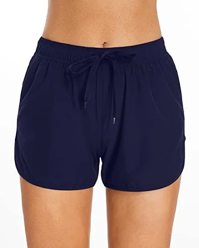 Athletic Elastic Waistband Adjustable Drawstring Swim Shorts For Women-Navy Blue