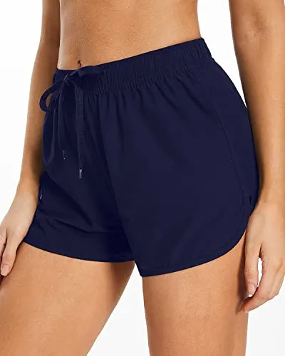 Athletic Elastic Waistband Adjustable Drawstring Swim Shorts For Women-Navy Blue