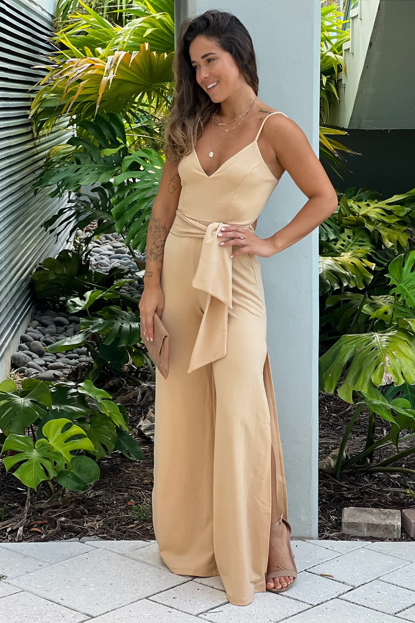 Beige Jumpsuit With Side Slits And Criss Cross Back