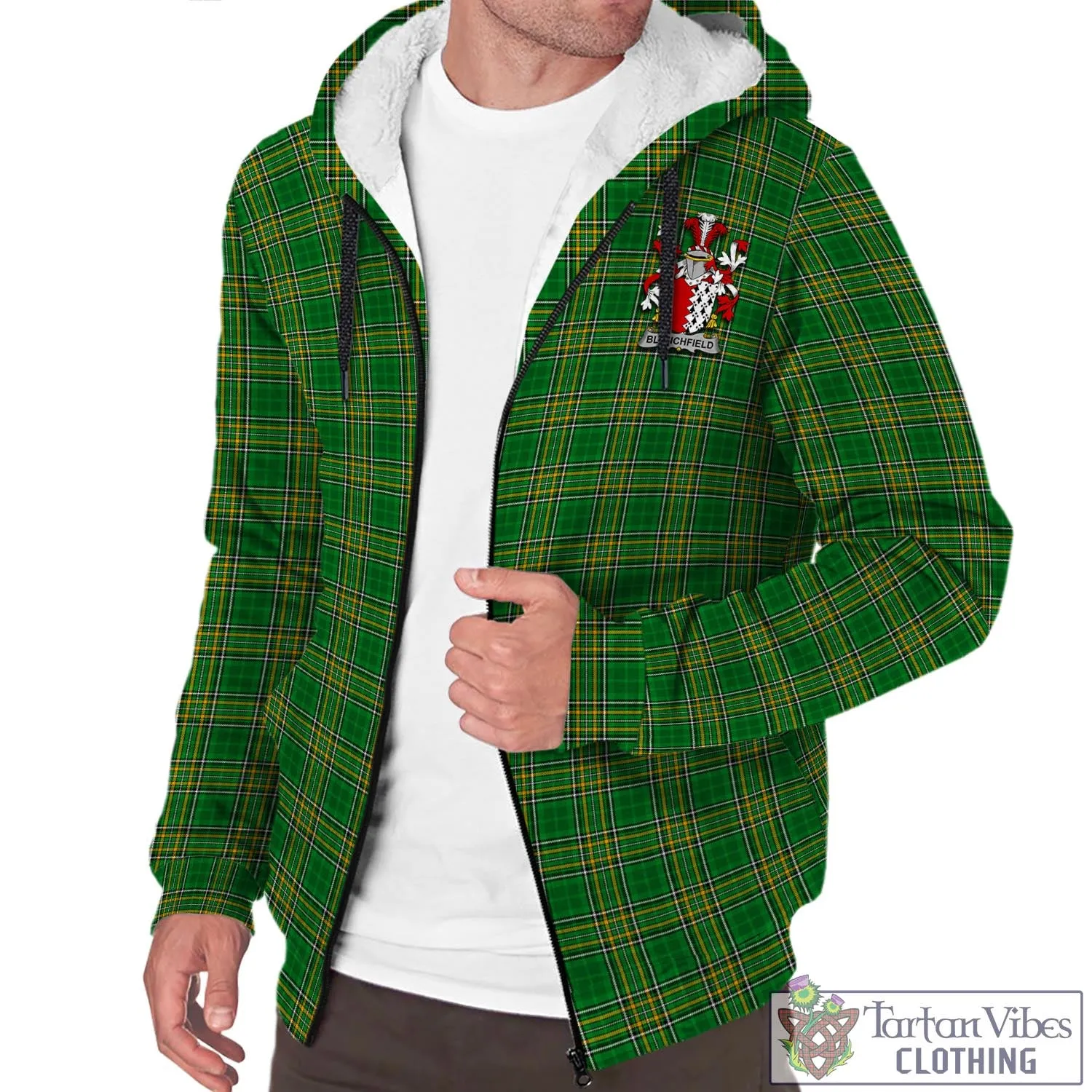 Blanchfield Irish Clan Tartan Sherpa Hoodie with Coat of Arms