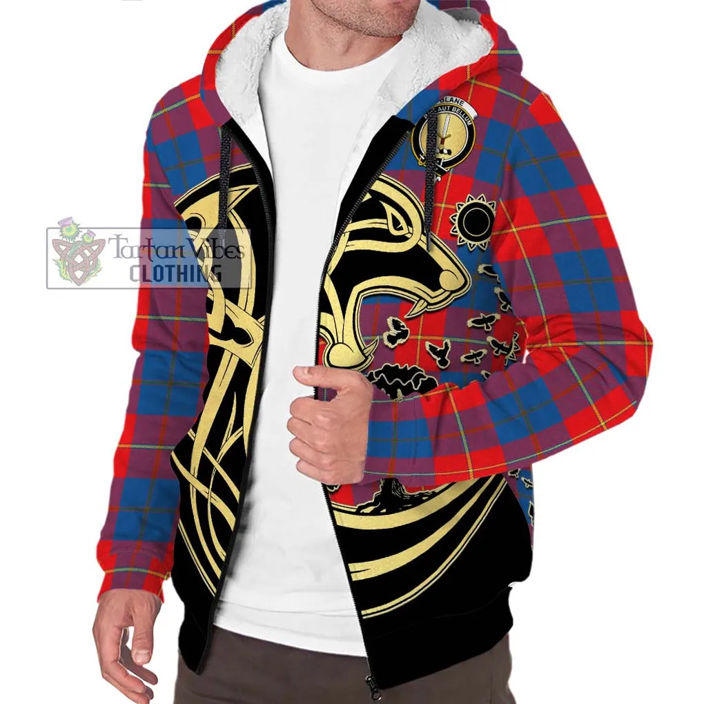 Blane Tartan Sherpa Hoodie with Family Crest Celtic Wolf Style