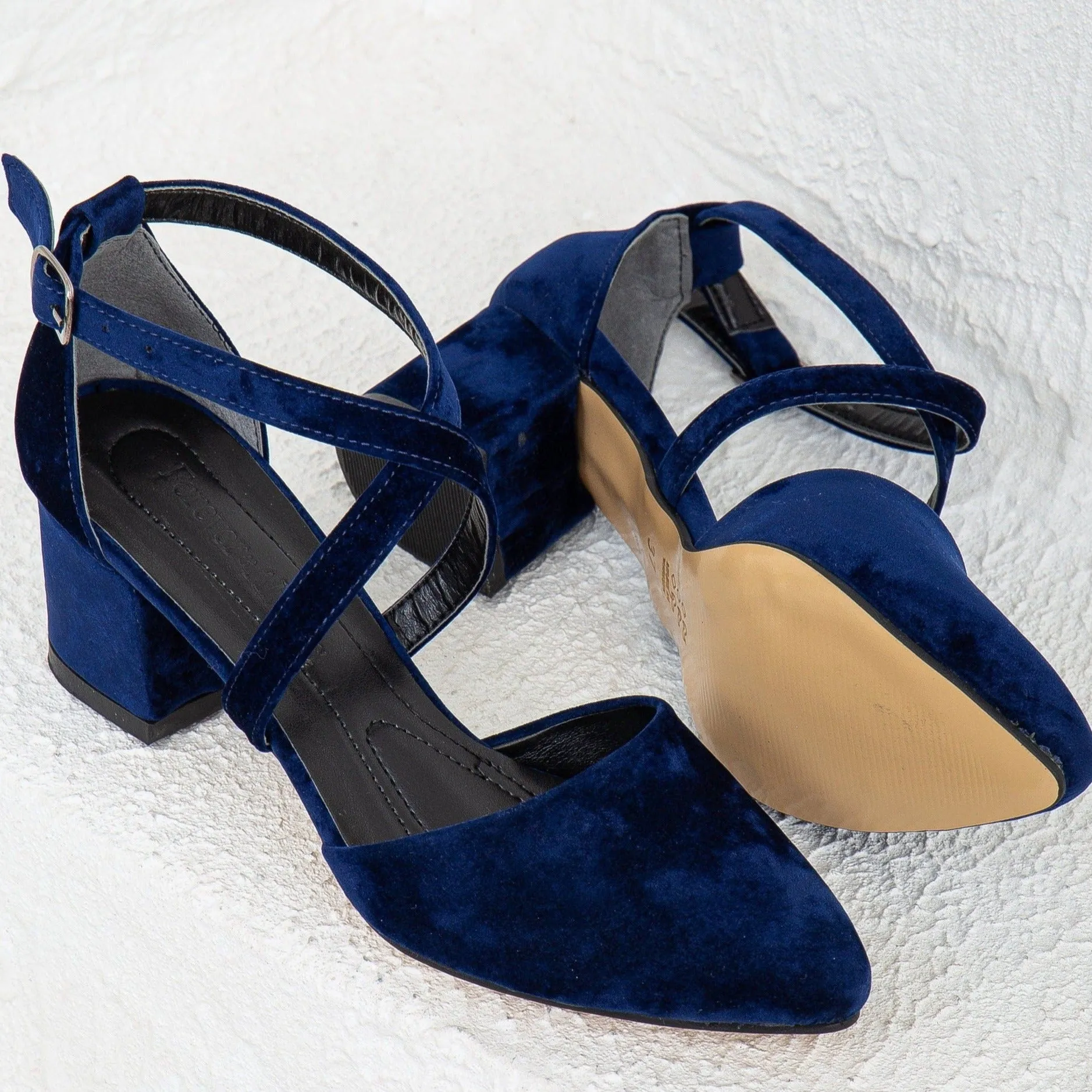 Dolly - Dark Blue Velvet Block Heels