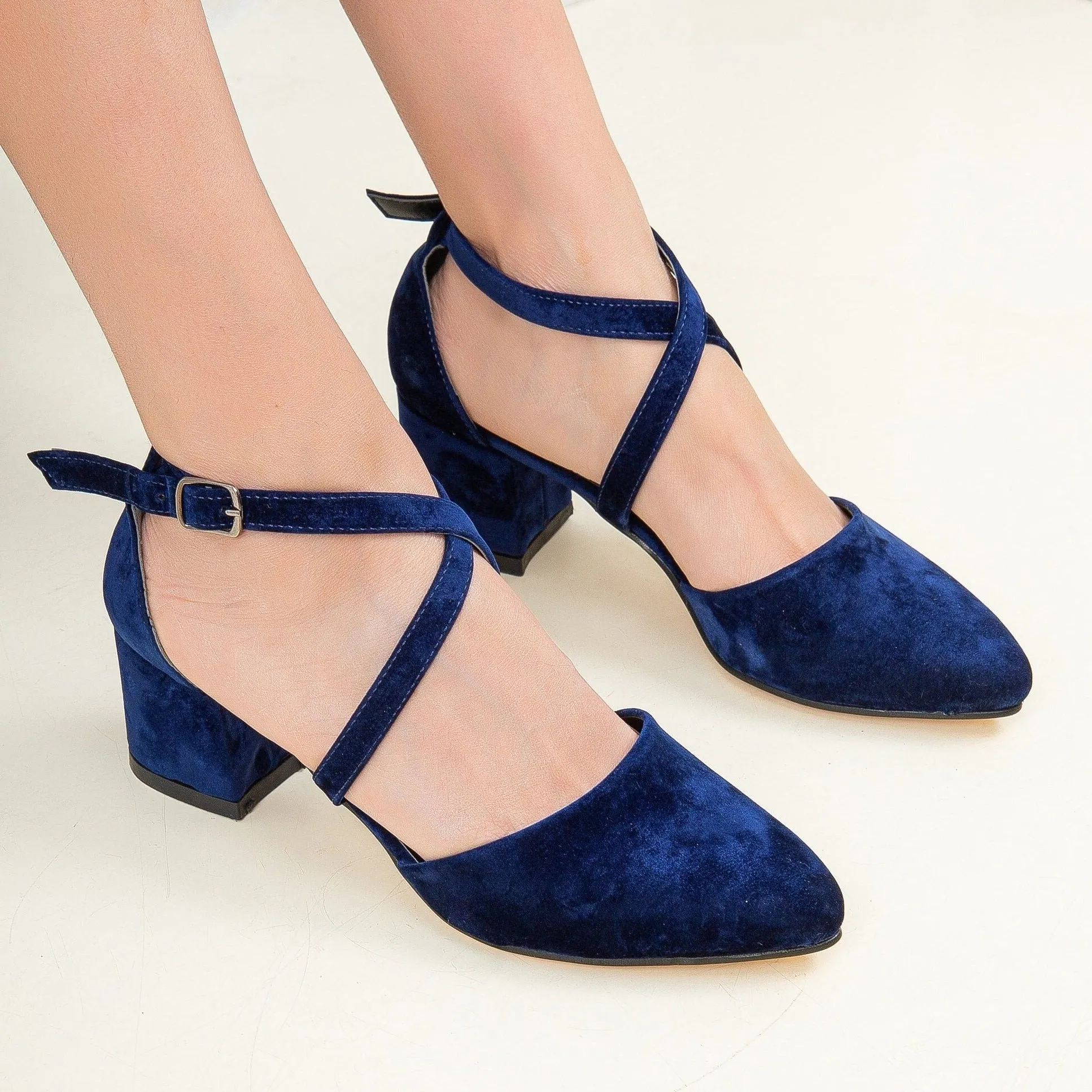 Dolly - Dark Blue Velvet Block Heels