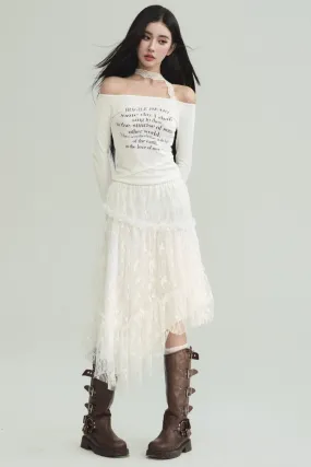 Ethereal Elegance Set: Off-Shoulder Poetic Print Crop Top & Asymmetric Lace Midi Skirt