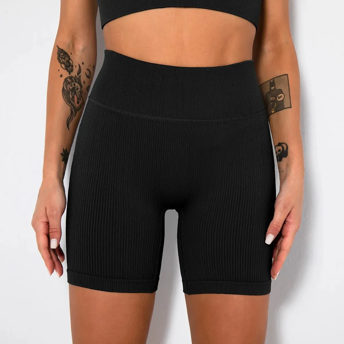 High-Waisted Seamless Ribbed Yoga Shorts for Women – Elastic, Flattering Workout & Gym Leggings