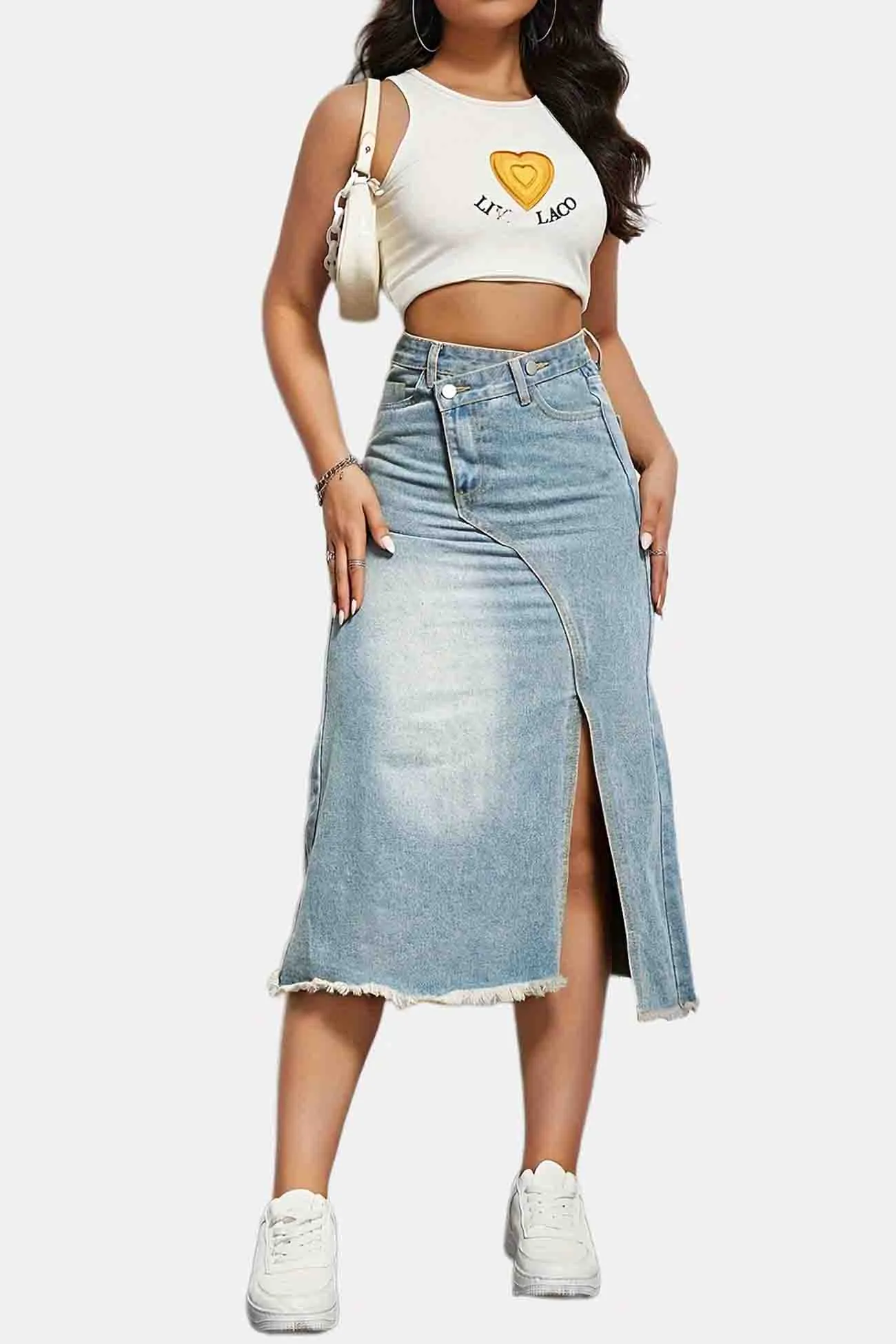 Irregular Front Slit Denim Midi Skirt