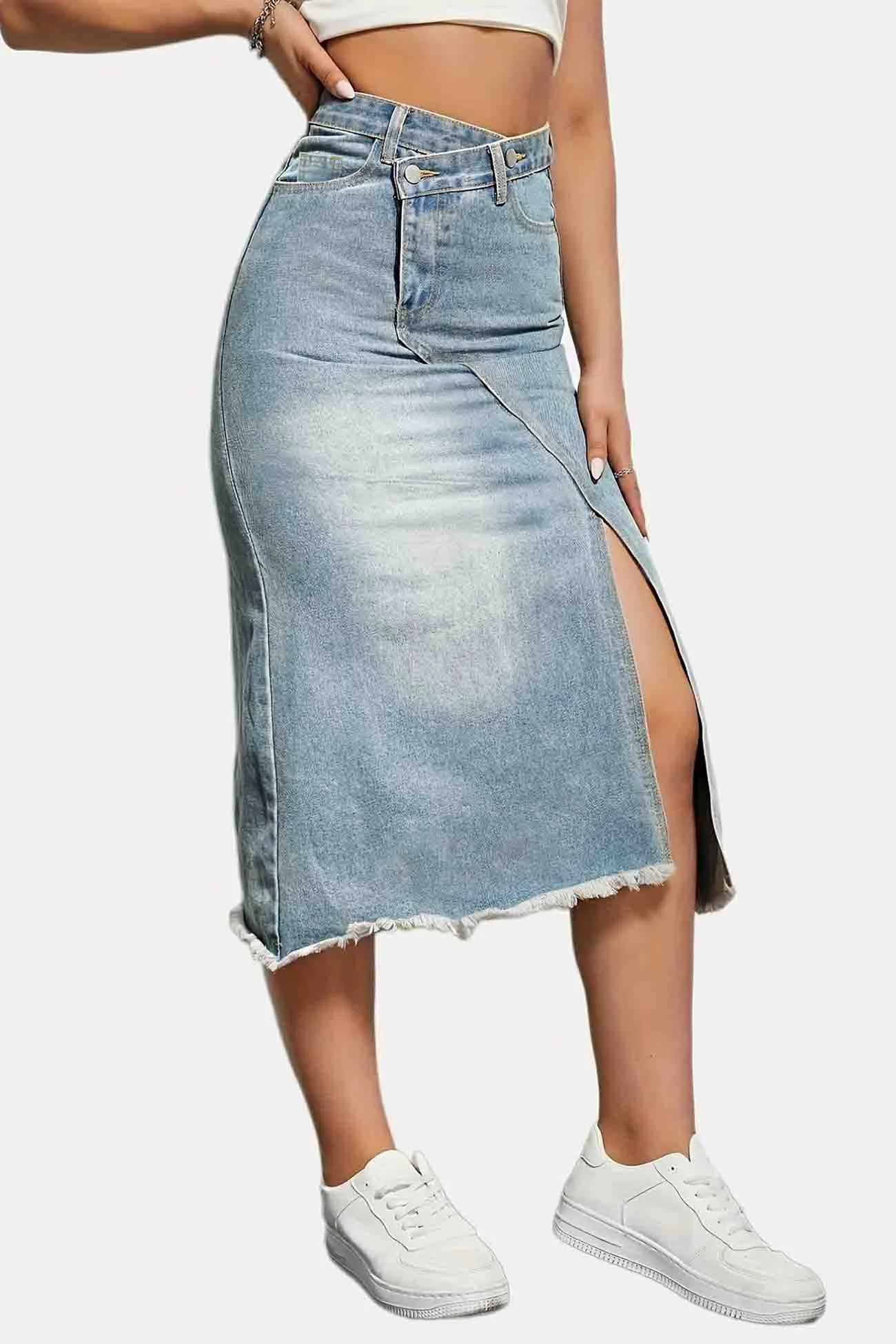 Irregular Front Slit Denim Midi Skirt