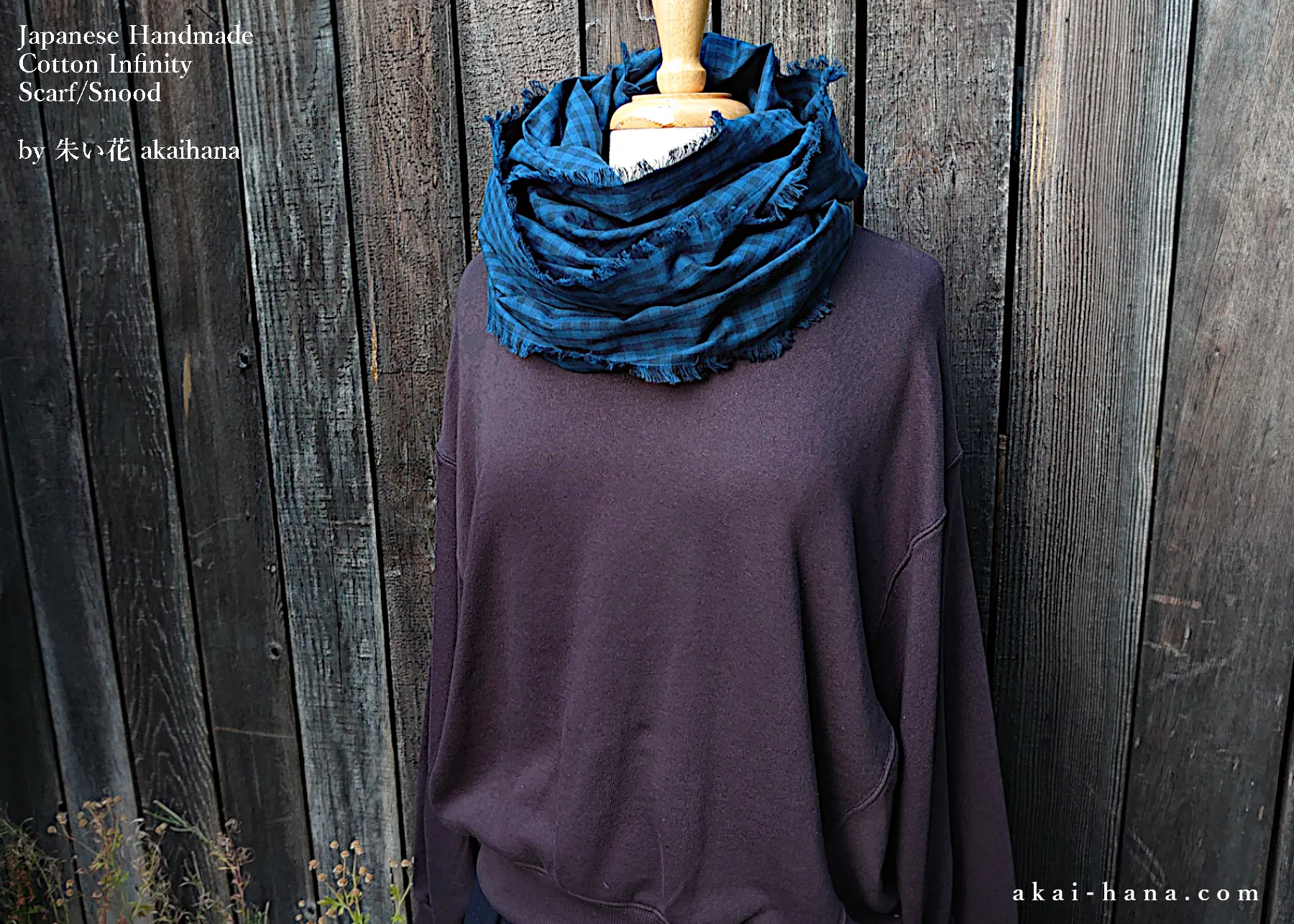 Japanese Handmade Infinity Snood Scarf, Block Check Navy, sif0035