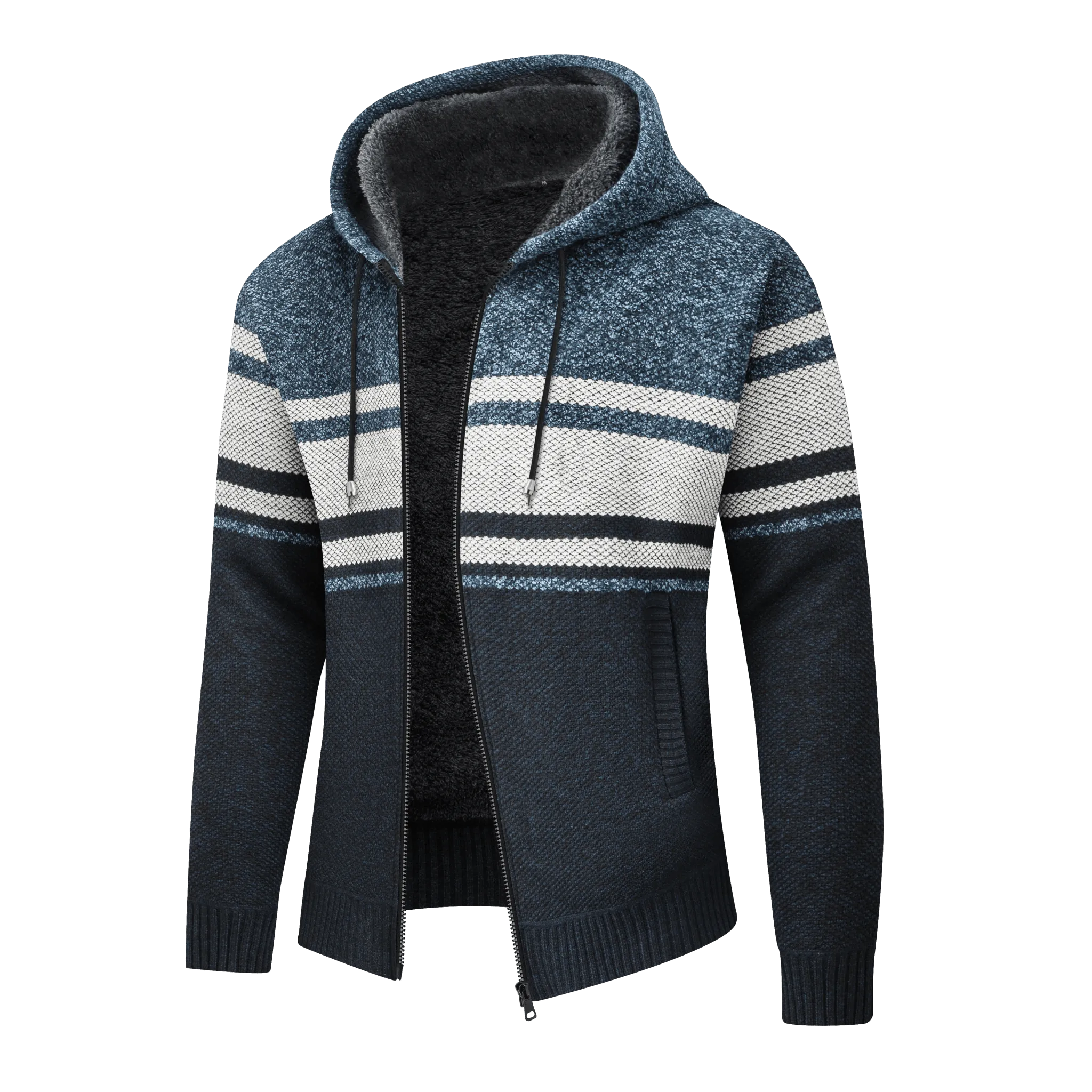 Men's Full Zip Up Stripe Fleece Hoodie-ZPK005859