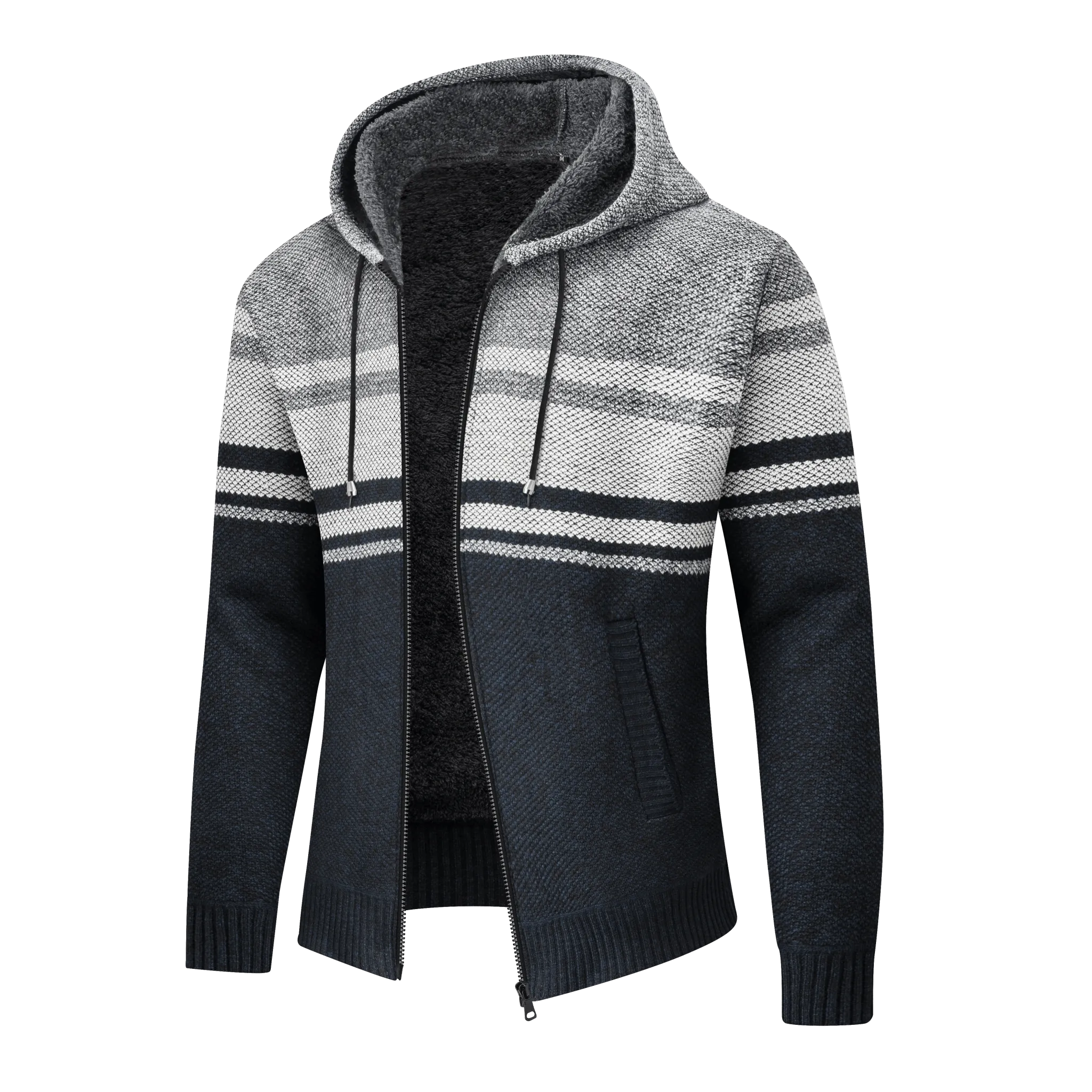 Men's Full Zip Up Stripe Fleece Hoodie-ZPK005859