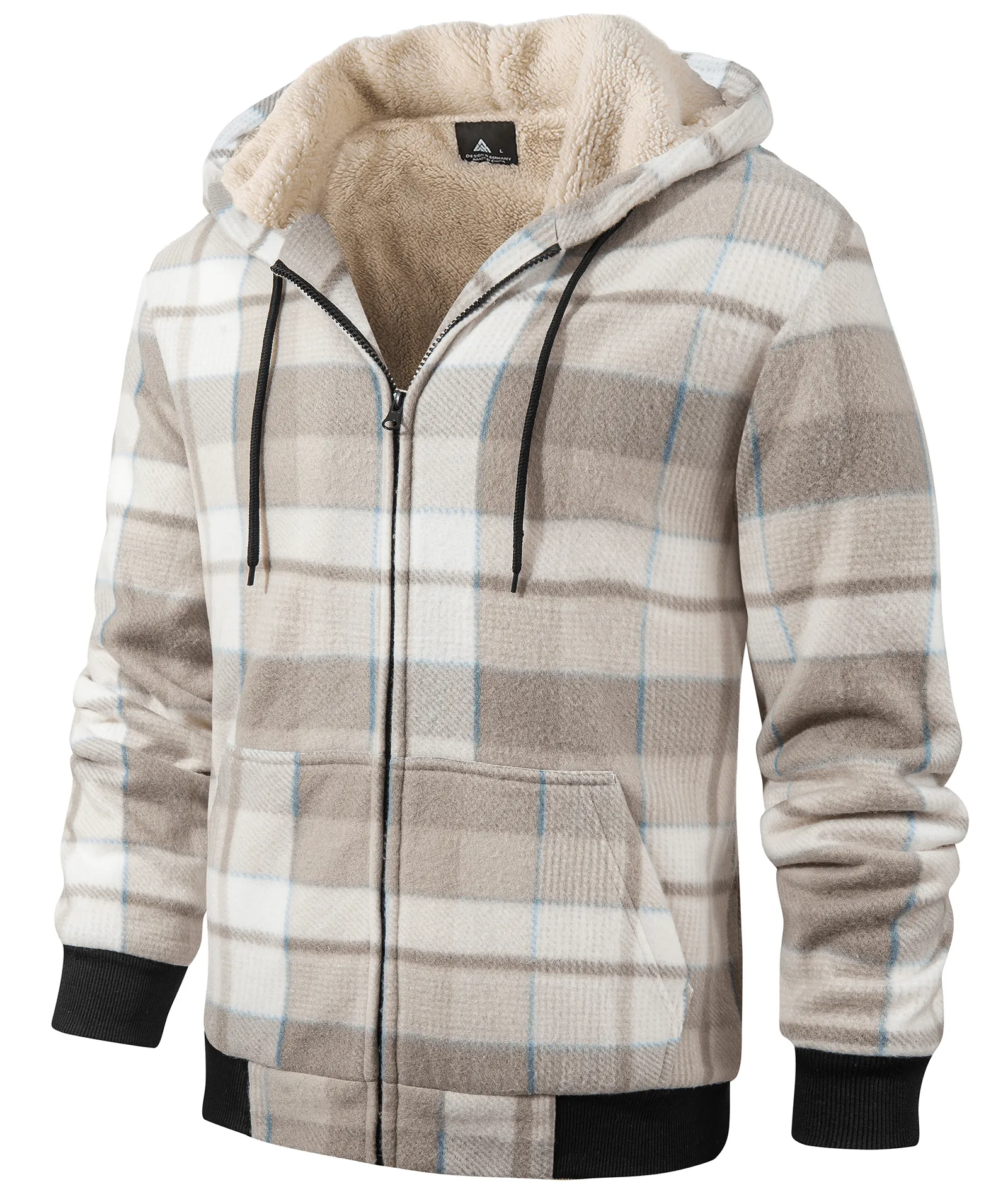 Men's Full Zipper Plaid Fleece Hoodie-ZPK005317