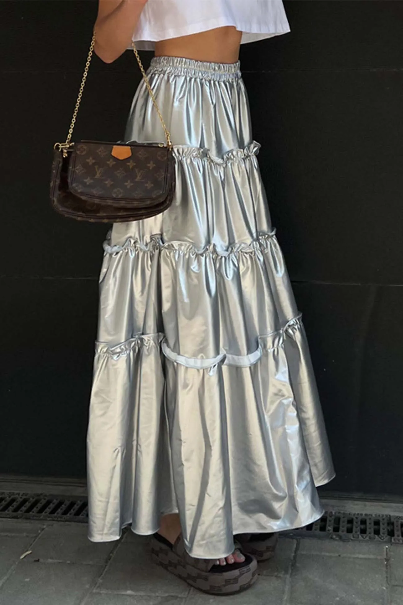 Metallic Ruched Tiered Skirt