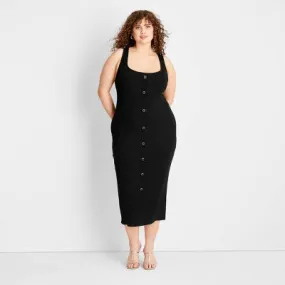 New - Women's Button-Front Ribbed Midi Dress - Future Collective with Jenee Naylor Black 2X