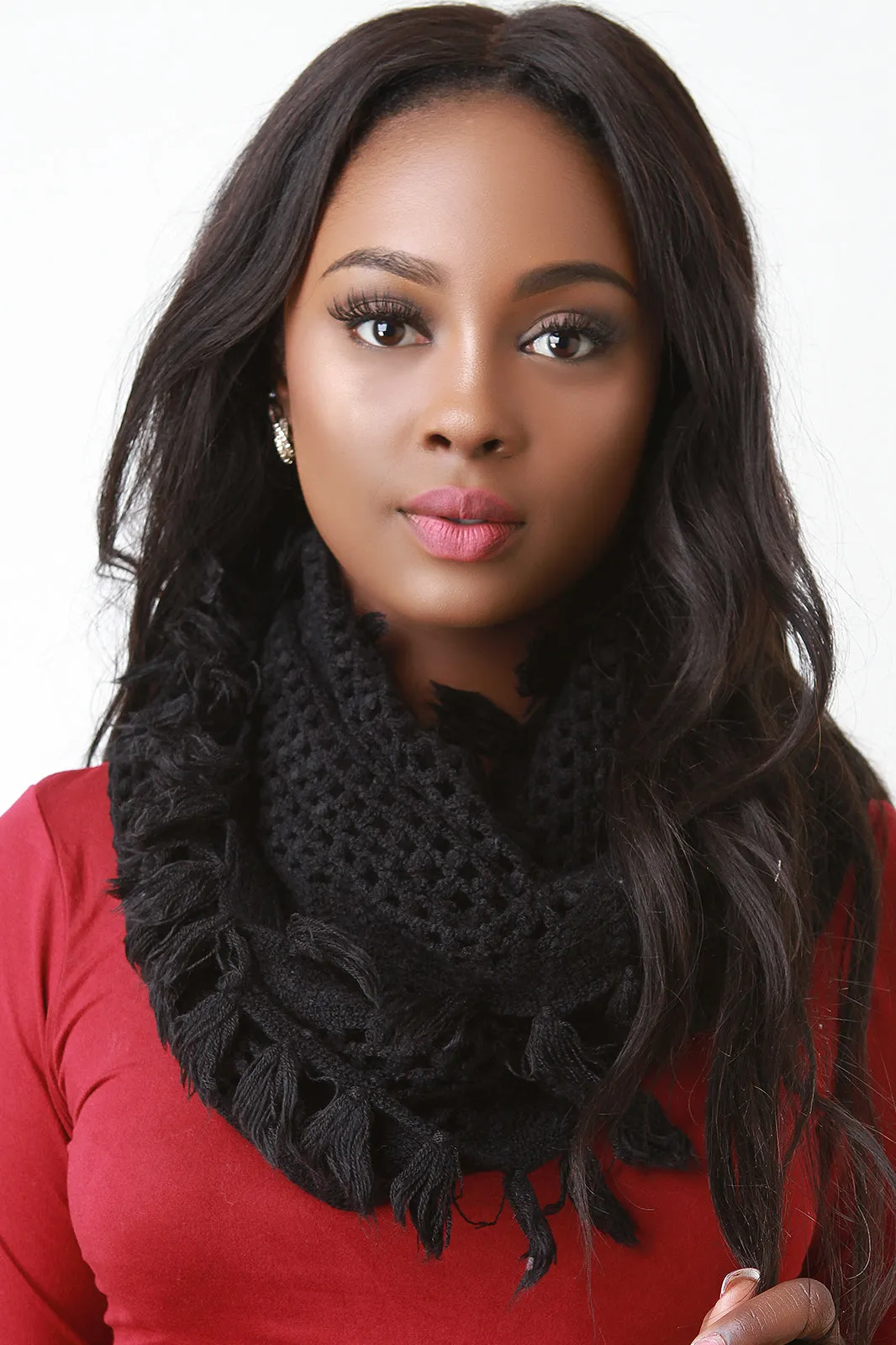 Open Knit Tassel Hem Infinity Scarf