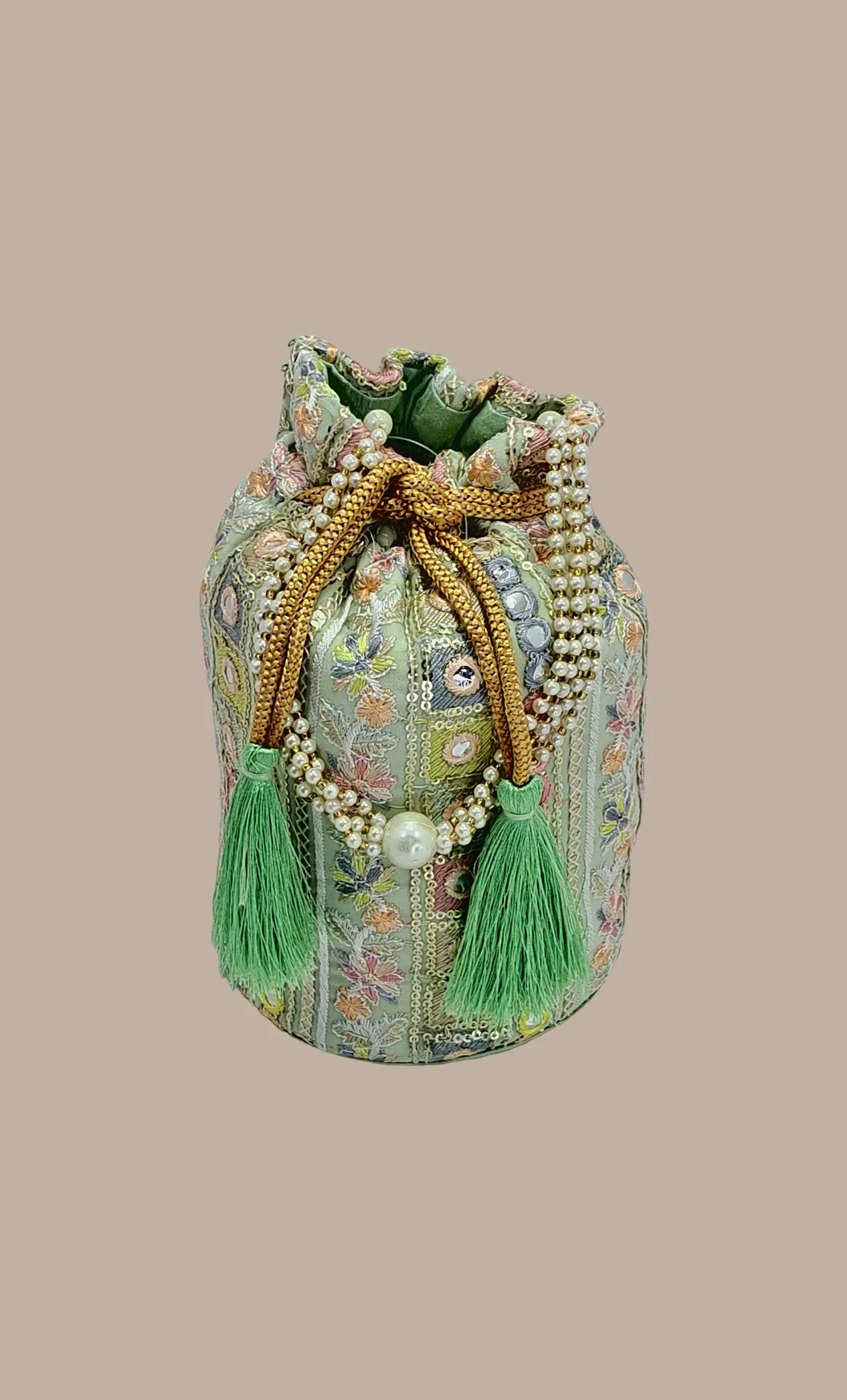 Pastel Green Embroidered Pouch Bag