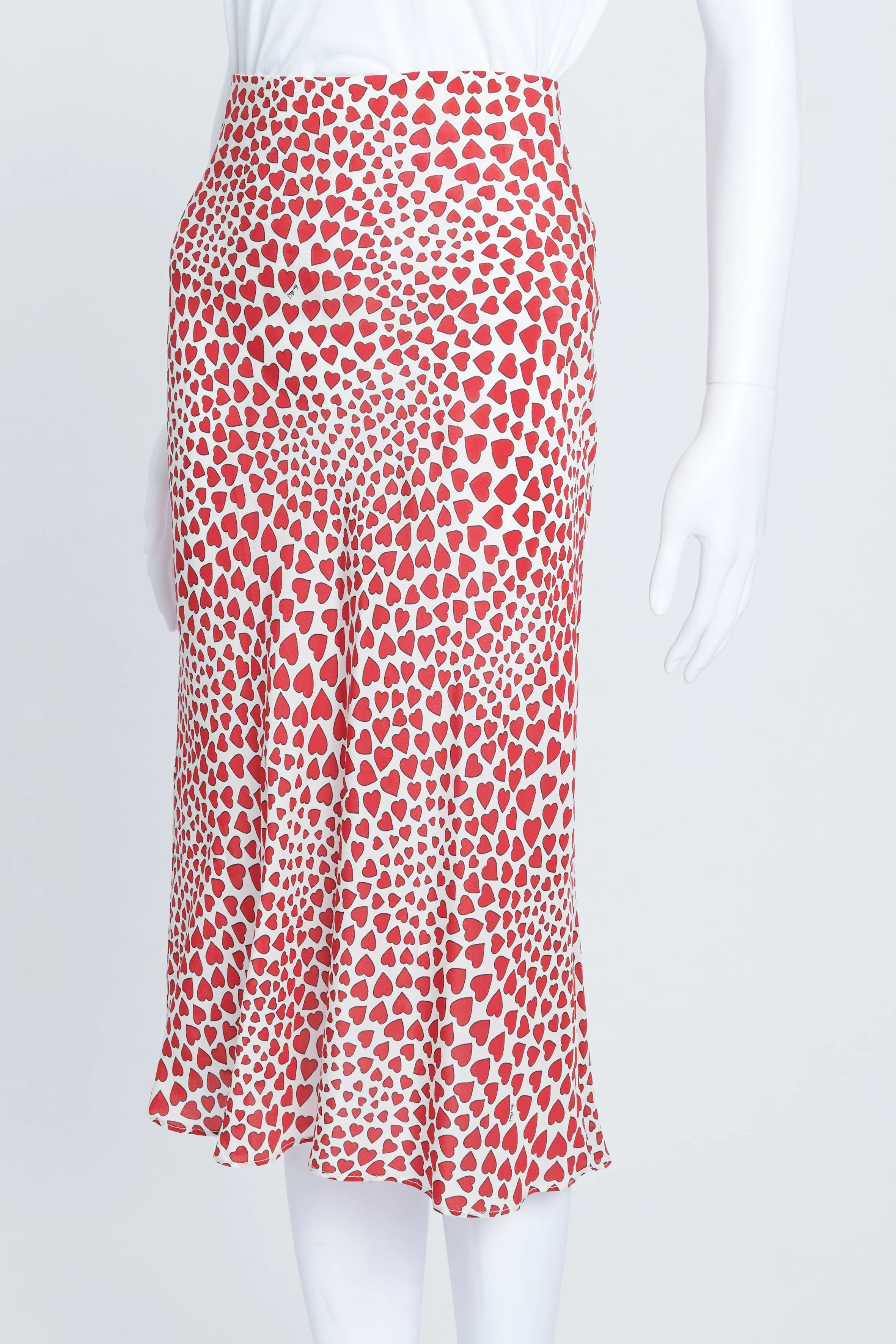 Red Heart Print Silk Midi Skirt