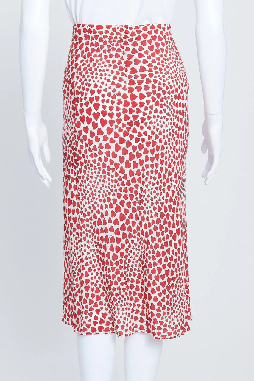 Red Heart Print Silk Midi Skirt