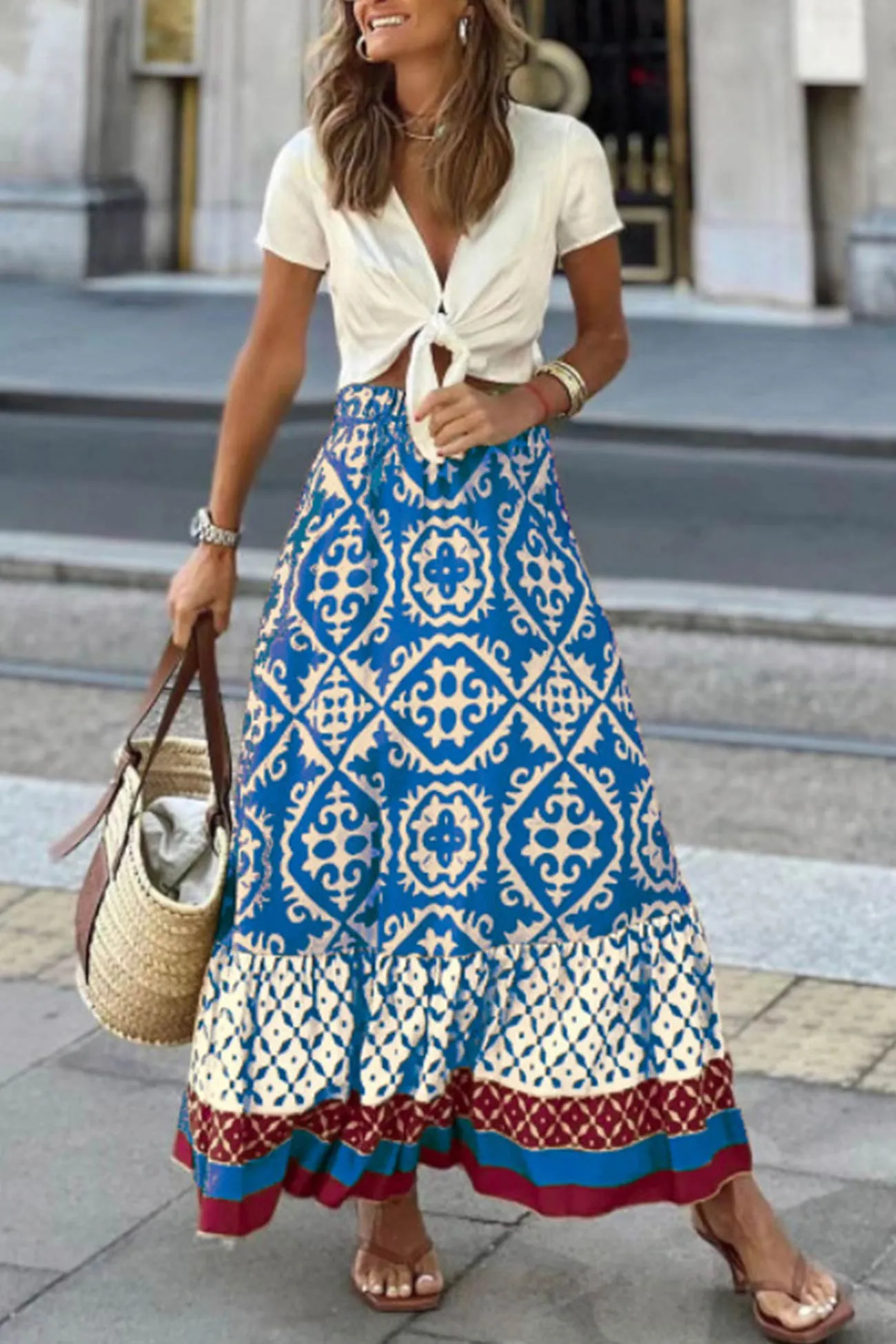 Retro Print Ruched Midi Skirt