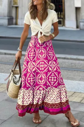 Retro Print Ruched Midi Skirt