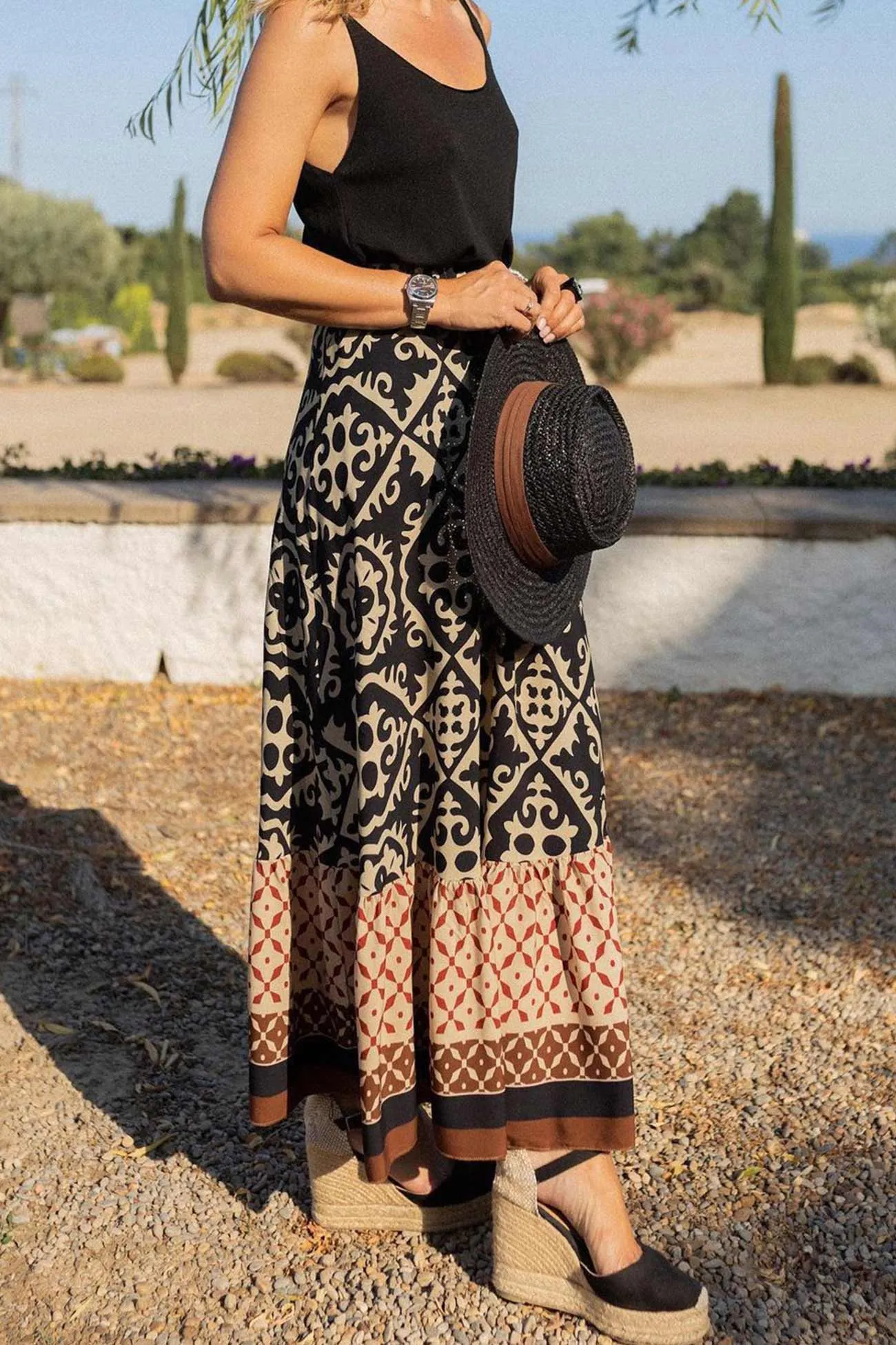 Retro Print Ruched Midi Skirt