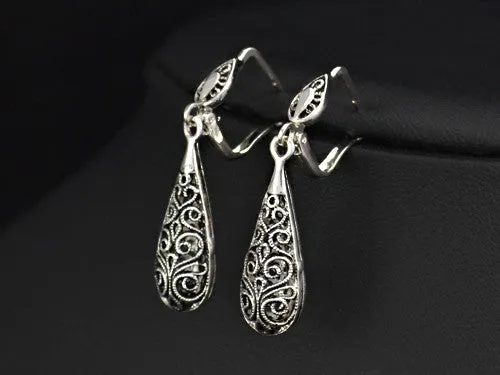 Women Antique Silver Plated Vintage Alloy Carven Pattern Clasp Dangle Earrings