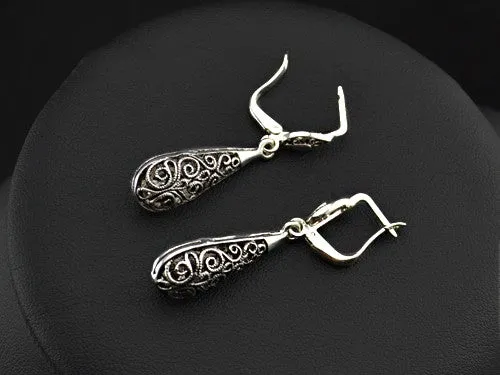 Women Antique Silver Plated Vintage Alloy Carven Pattern Clasp Dangle Earrings