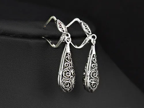 Women Antique Silver Plated Vintage Alloy Carven Pattern Clasp Dangle Earrings